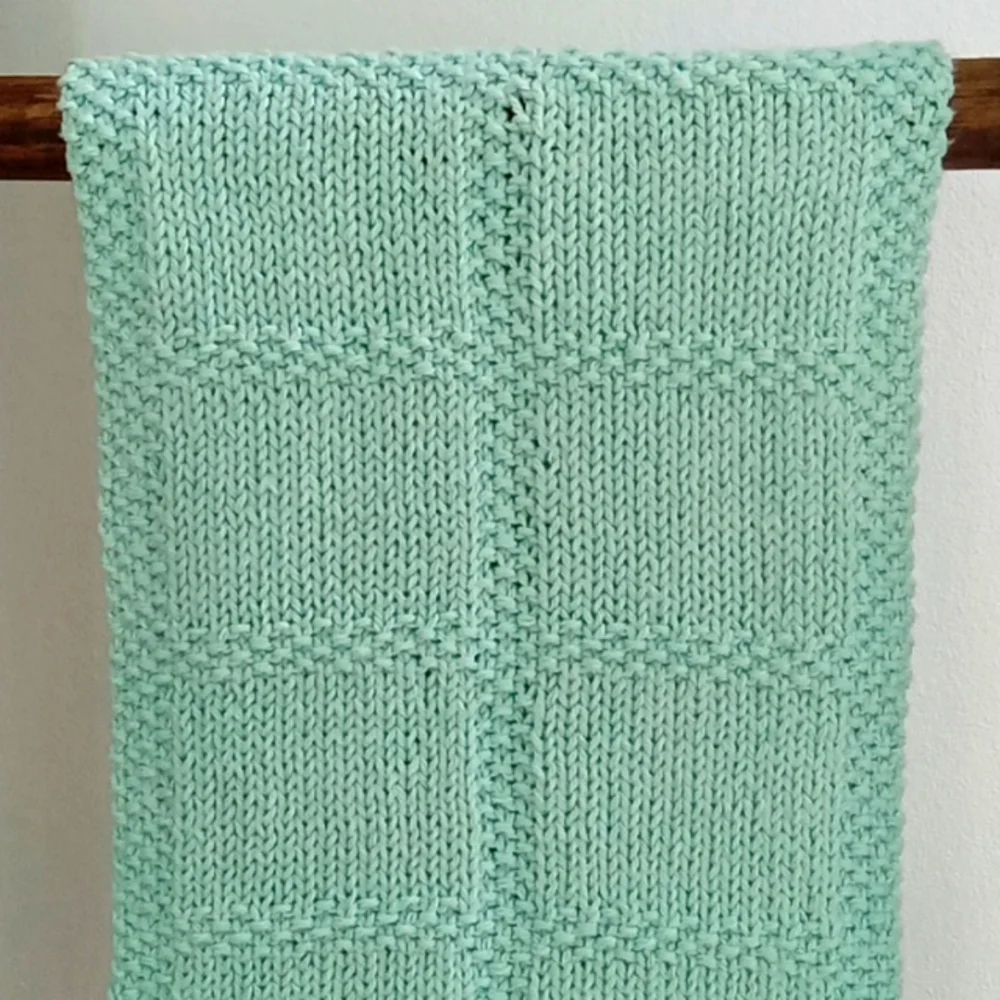 Handmade Handknit Aqua Blue Textured Windowpane Pattern Cotton Hand Towel